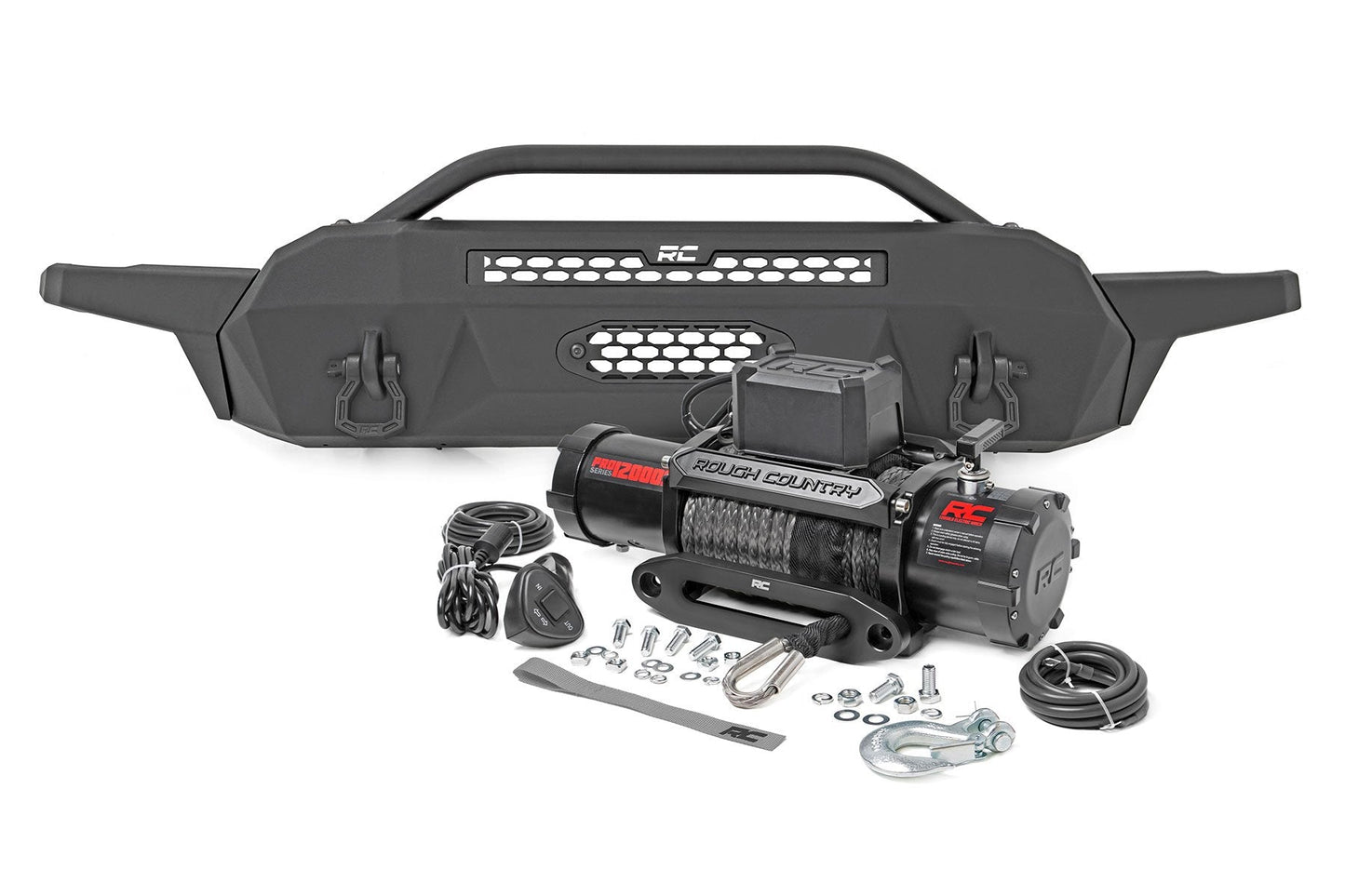 Rough Country 10717 Front Bumper | High Clearance | 12000-Lb Pro Series Winch | Synthetic Rope Toyota Tacoma 4WD (16-23)