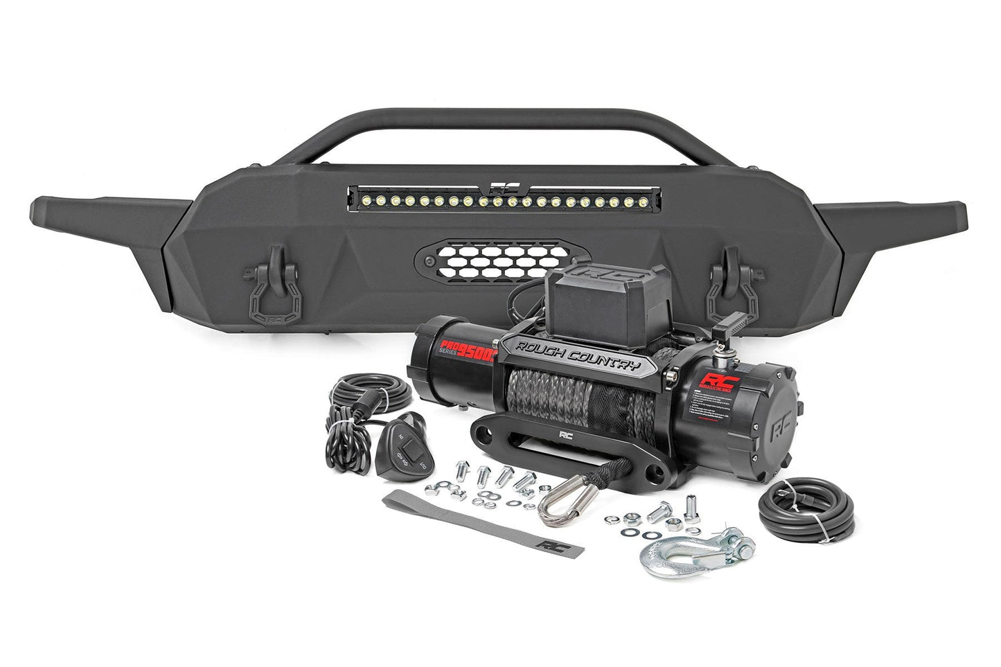 Rough Country 10722 Front Bumper | Hybrid | 20" Blk LED | 9500-Lb Winch Syn | Toyota Tacoma (16-23)