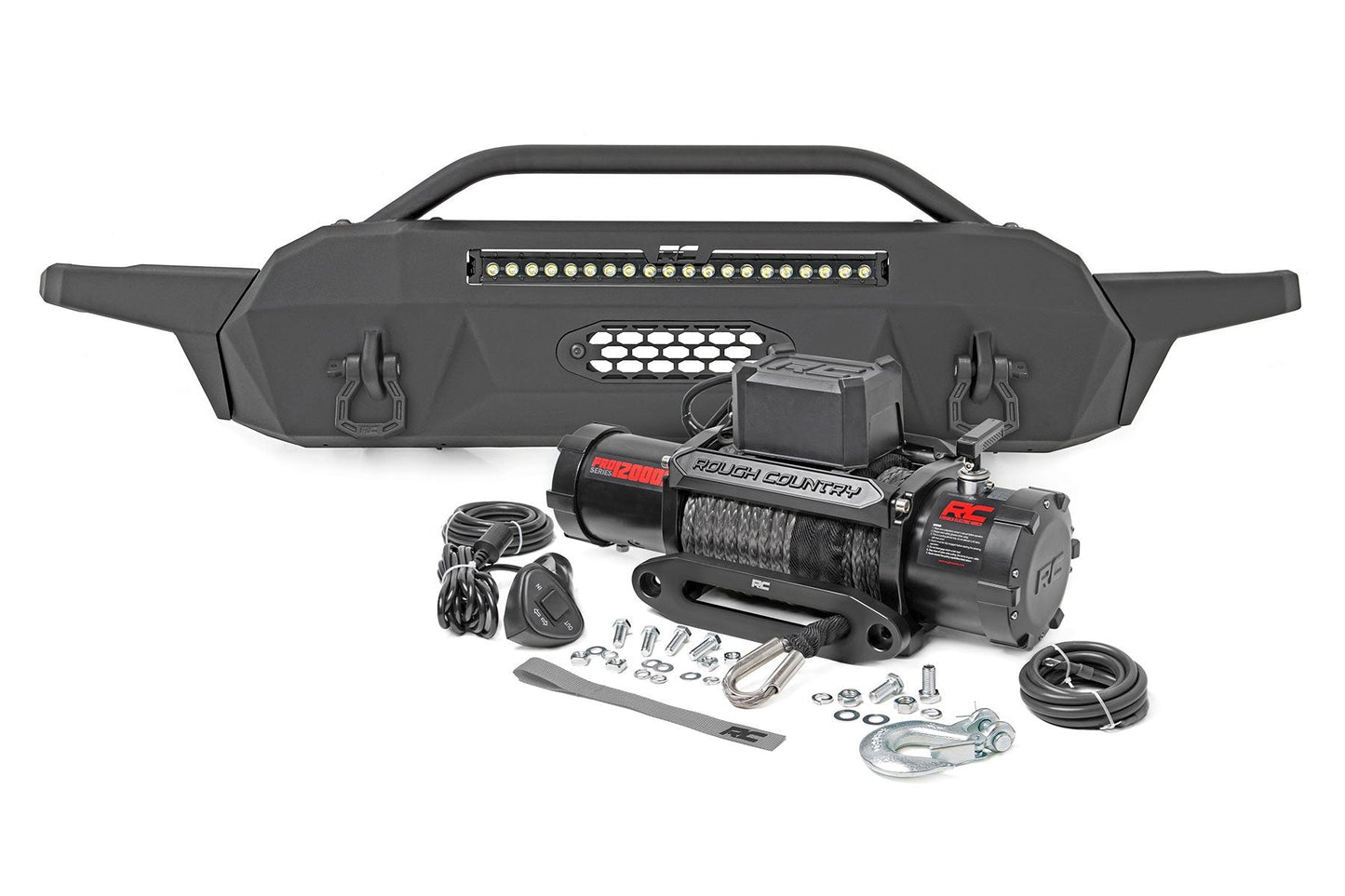 Rough Country 10723 Front Bumper | Hybrid | 20" Blk LED | 12000-Lb Winch Syn | Toyota Tacoma (16-23)