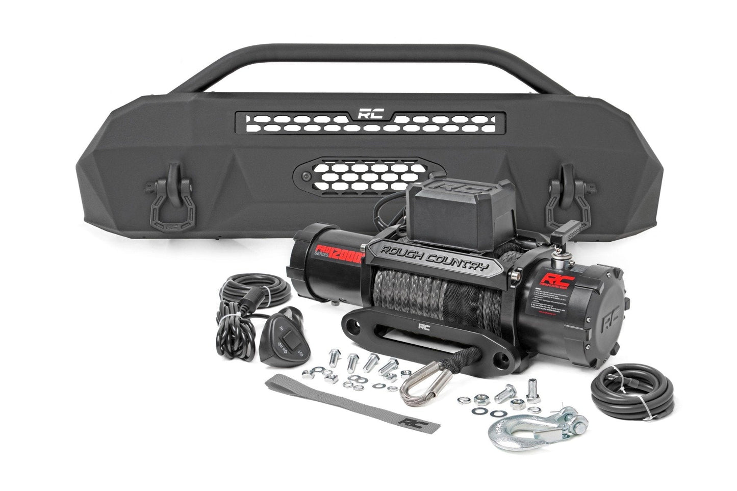 Rough Country 10715 Front Bumper | Hybrid | 12000-Lb Pro Series Winch | Synthetic Rope | Toyota Tacoma (16-23)