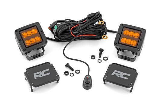 Rough Country 70903A 2 Inch LED Light Pods | Spot Beam | Amber Lens | Square