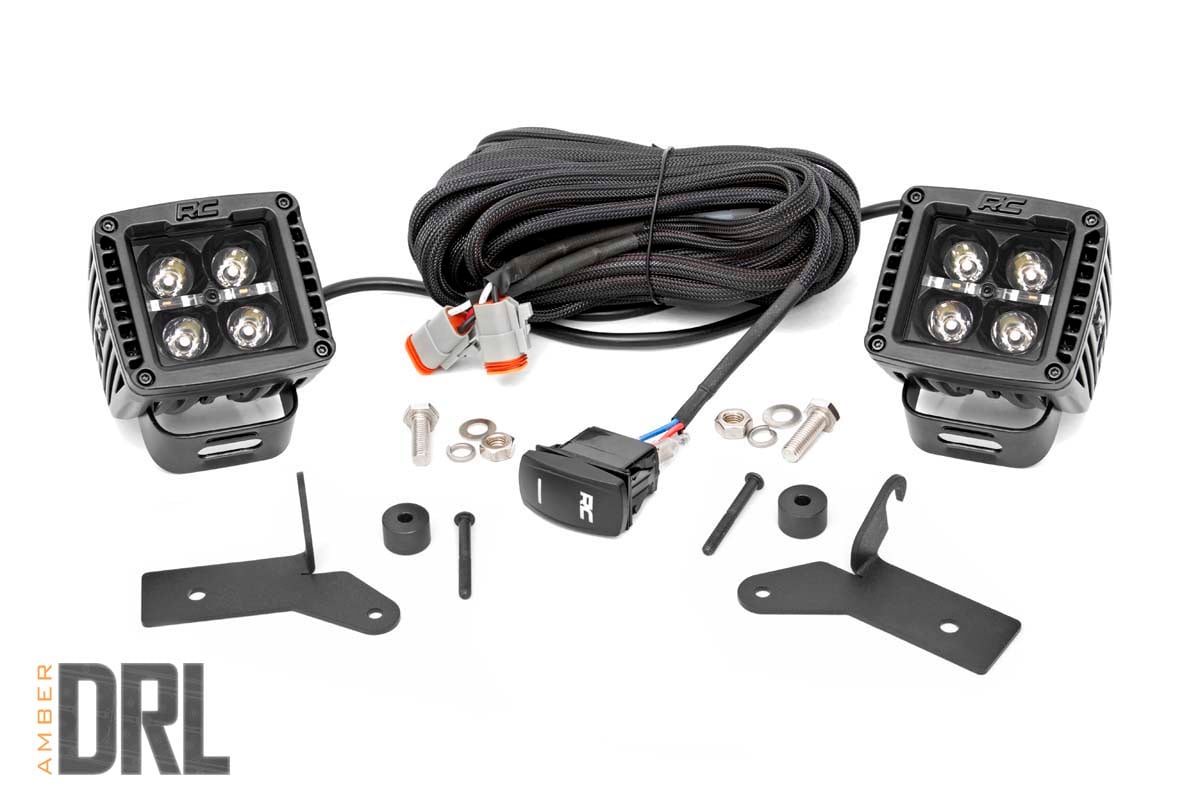 Rough Country 70052DRLA LED Light Kit | Hinge Mount | 2" Black Pair | Amber DRL | Jeep Gladiator JT/Wrangler JL (18-25)
