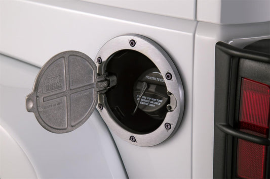AMP Research 73000-00A Alloy Fuel Door, Brushed Aluminum - 07-18 Jeep Wrangler JK, 2 dr/4 dr