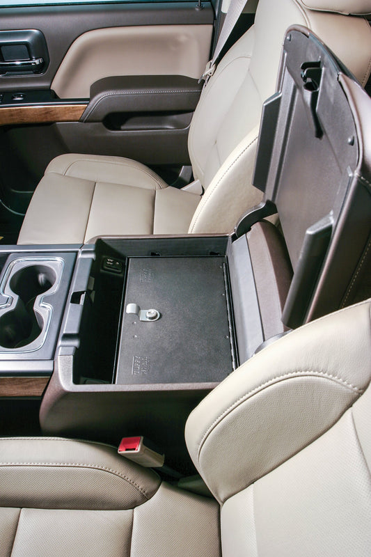 Console Safe - '14-19 Silverado/Sierra 1500 {'19 Old Body Style} / '15-19 2500HD/3500HD / '15-20 Suburban/Tahoe/Yukon/Yukon XL; w/ Flow-Thru Console (Black, Standard Key)