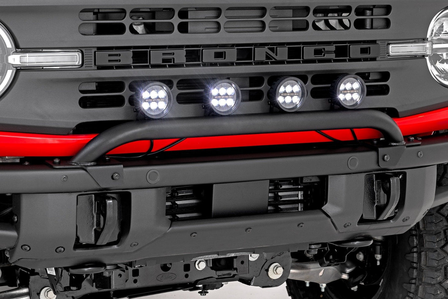Rough Country 51136 Light Bar Mount | 3.5" Round LED (Quad) | Black | Amber DRL | OE Modular Steel | Ford Bronco (21-24)