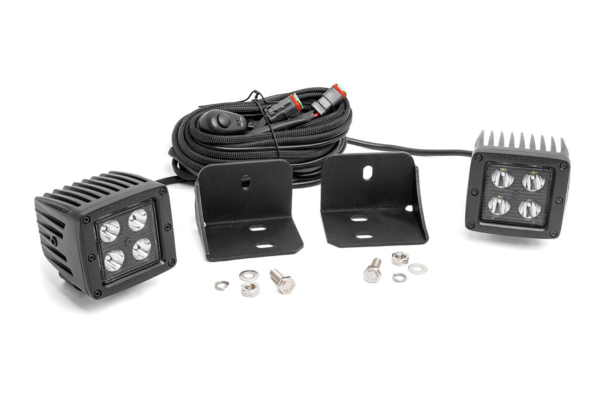 Rough Country 71011 LED Light | Cab Mount | 2" Black Pair | Flood | Can-Am Defender HD 5/HD 8/HD 9/HD 10