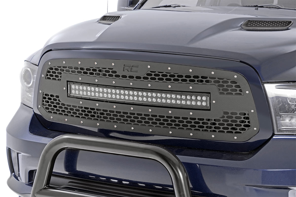 Rough Country 70199BDA Mesh Grille | 30" Dual Row LED | Black | Amber DRL | Ram 1500 2WD/4WD (13-18 & Classic)