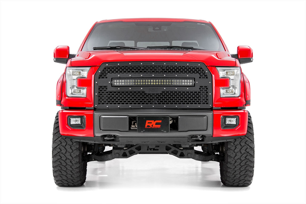 Rough Country 70193BDA Mesh Grille | 30" Dual Row LED | Black | Amber DRL | Ford F-150 (15-17)