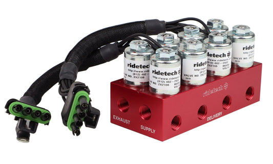 Ridetech 31934001 RidePro 4-Way valve with 1/4" NPT ports.