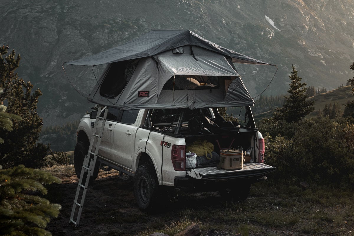 Rough Country 99049 Roof Top Tent | Rack Mount | 12 Volt Accessory w/Ladder Extension & LED Light Kit